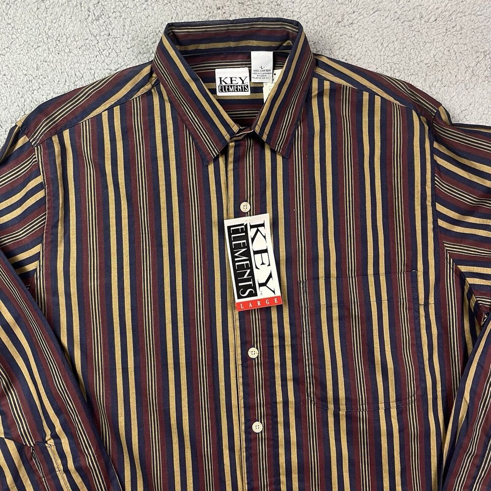 Vintage Key Elements 90's Button Shirt Red Striped Long Sleeve Sz Large‎ NOS